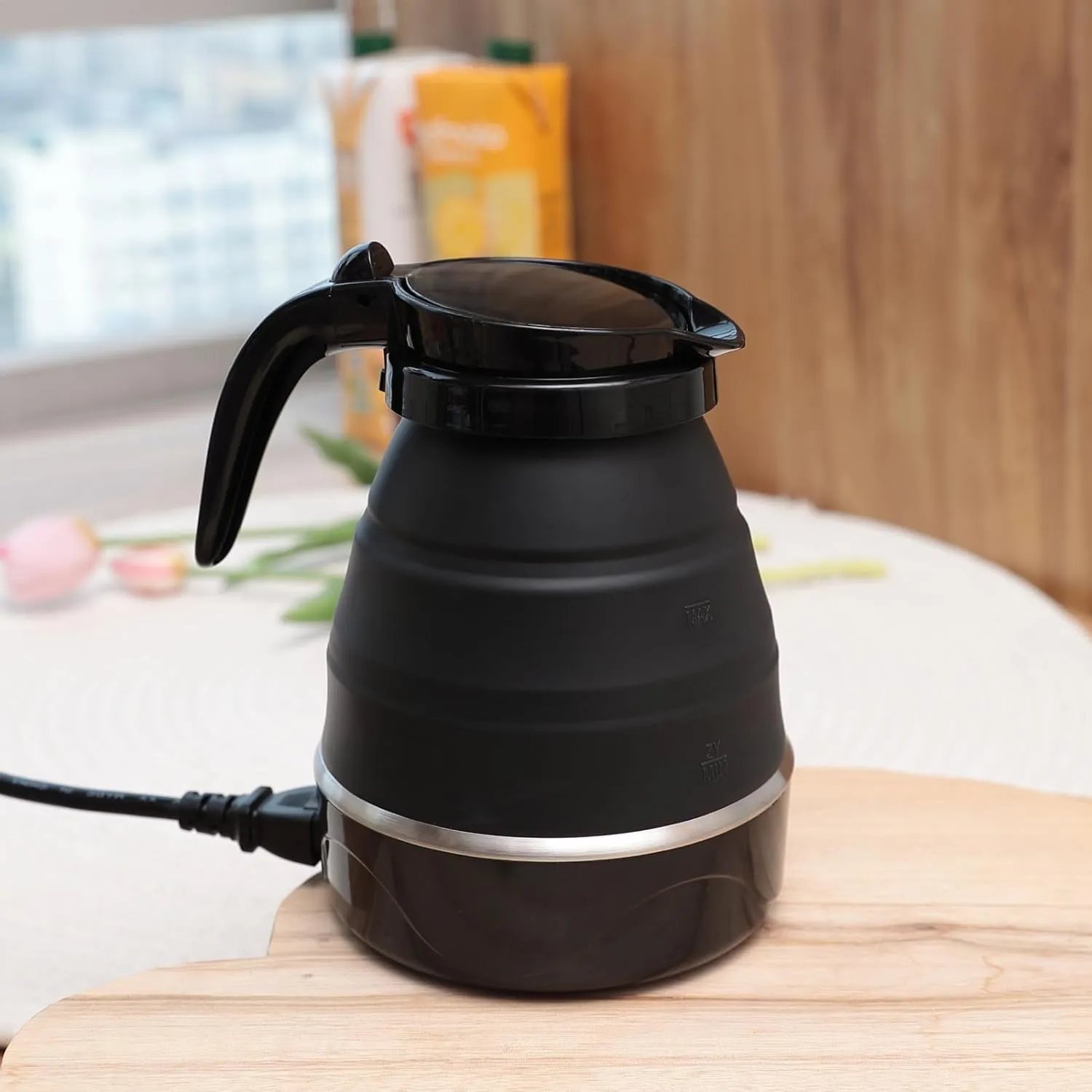 Kuber Industries Pack of 6 Foldable Electric Kettle 600 ML|Silicone Body With 304-Stainless Steel Base|Leak Proof Design|Multipurpose Portable Electric Kettle for Travel, Office & Home|600W|Black
