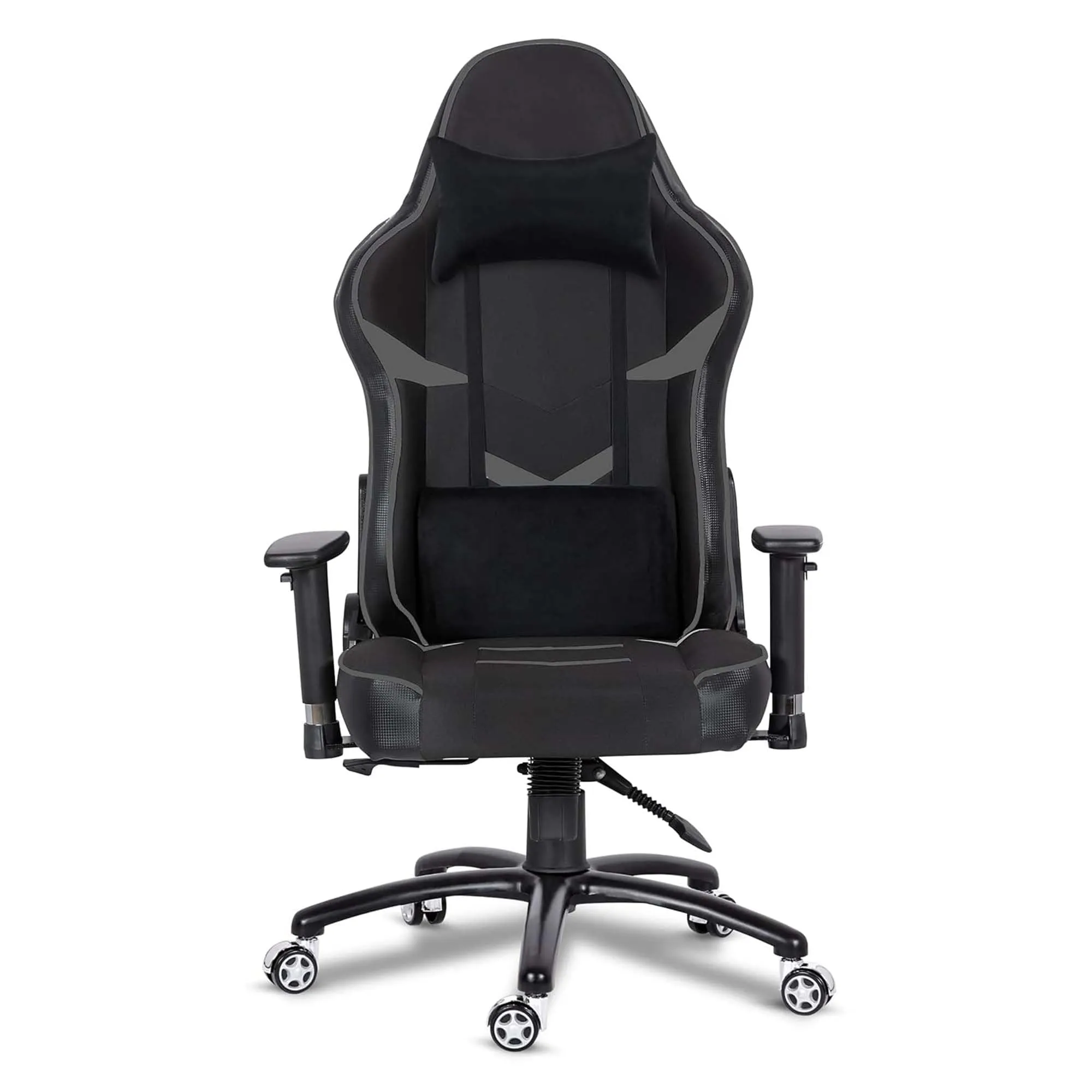 Kuber Industries Revolving Ergonomic PC Gaming Chairs with Wheels | Comes with Headrest, Lumbar Support Cushions & Footrest | Comfortable Chair for Long Sitting & Back Pain Relief | Black & Grey