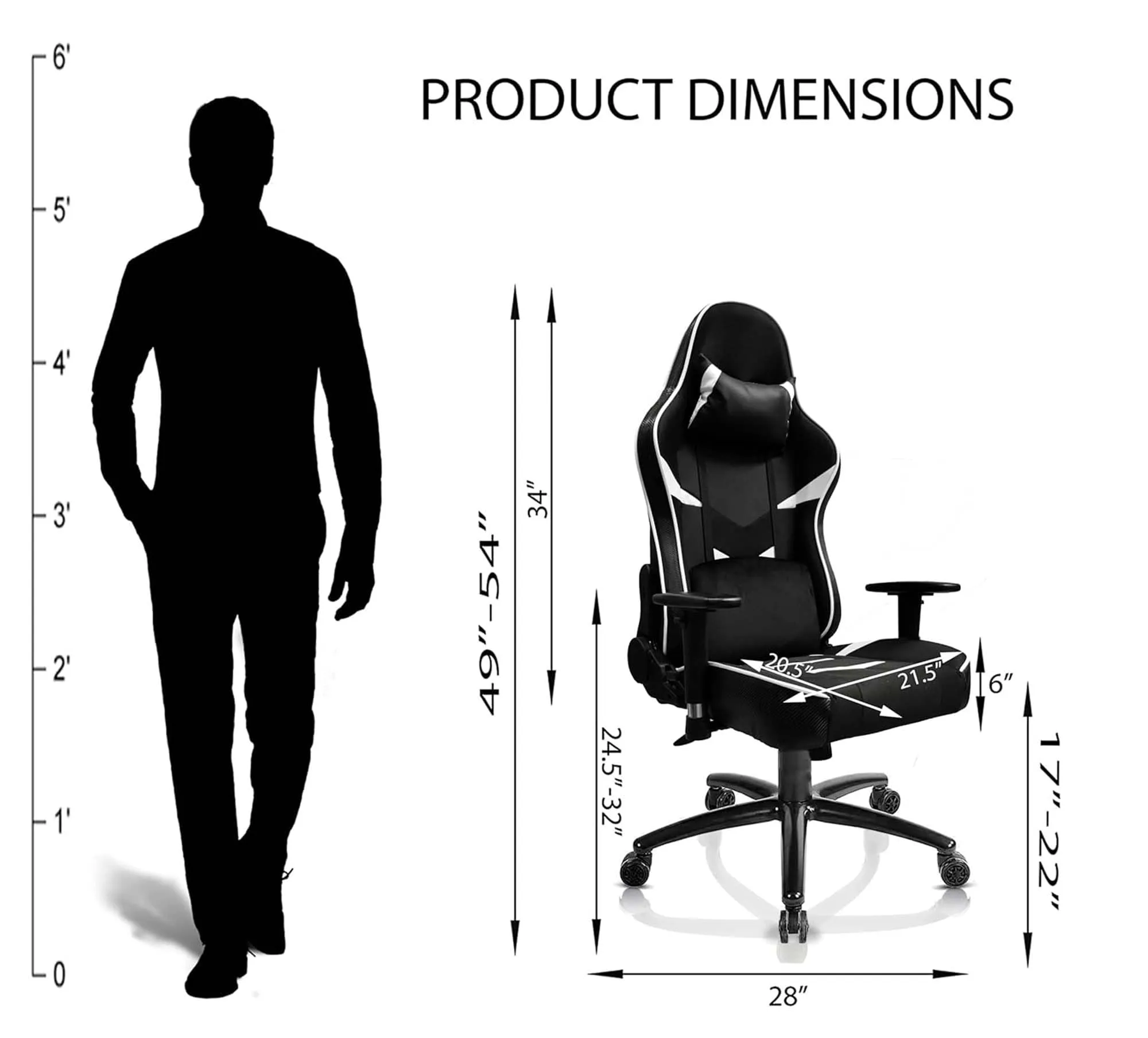 Kuber Industries Revolving Ergonomic PC Gaming Chairs with Wheels | Comes with Headrest, Lumbar Support Cushions & Footrest | Comfortable Chair for Long Sitting & Back Pain Relief | Black & White