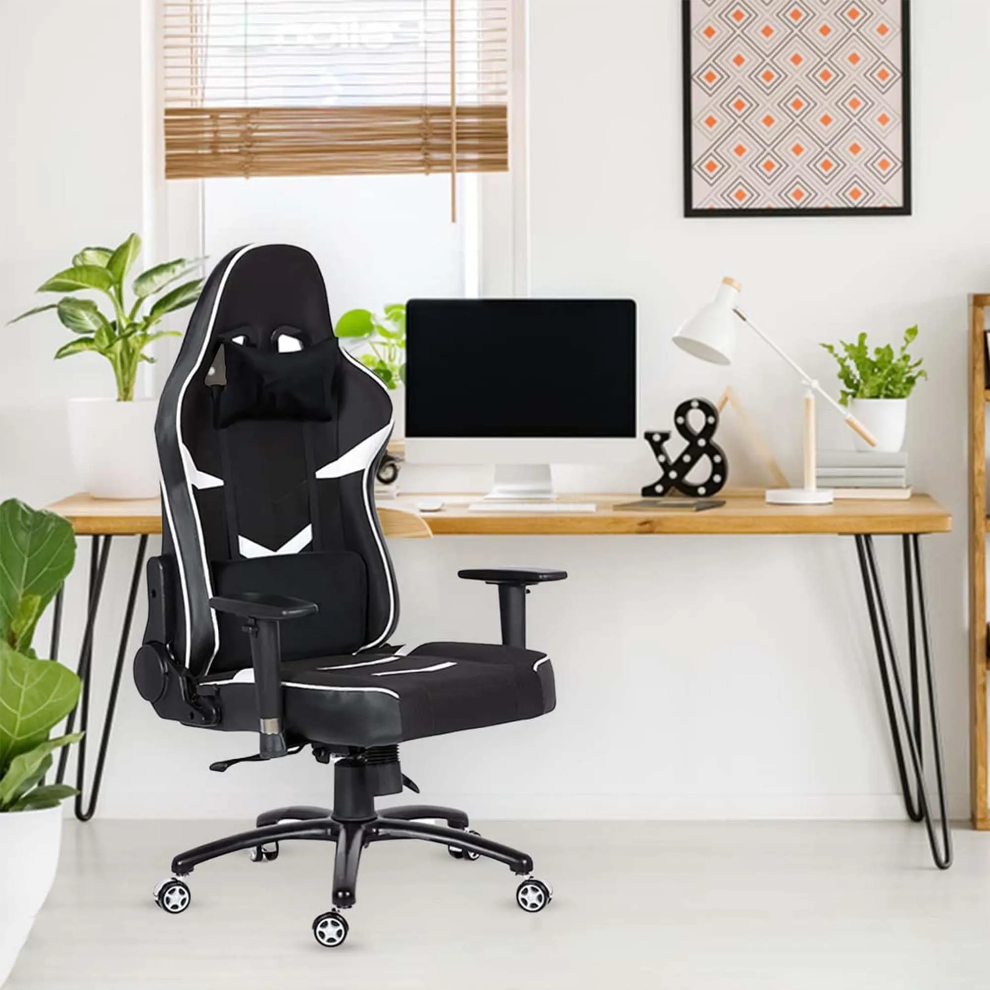 Kuber Industries Revolving Ergonomic PC Gaming Chairs with Wheels | Comes with Headrest, Lumbar Support Cushions & Footrest | Comfortable Chair for Long Sitting & Back Pain Relief | Black & White