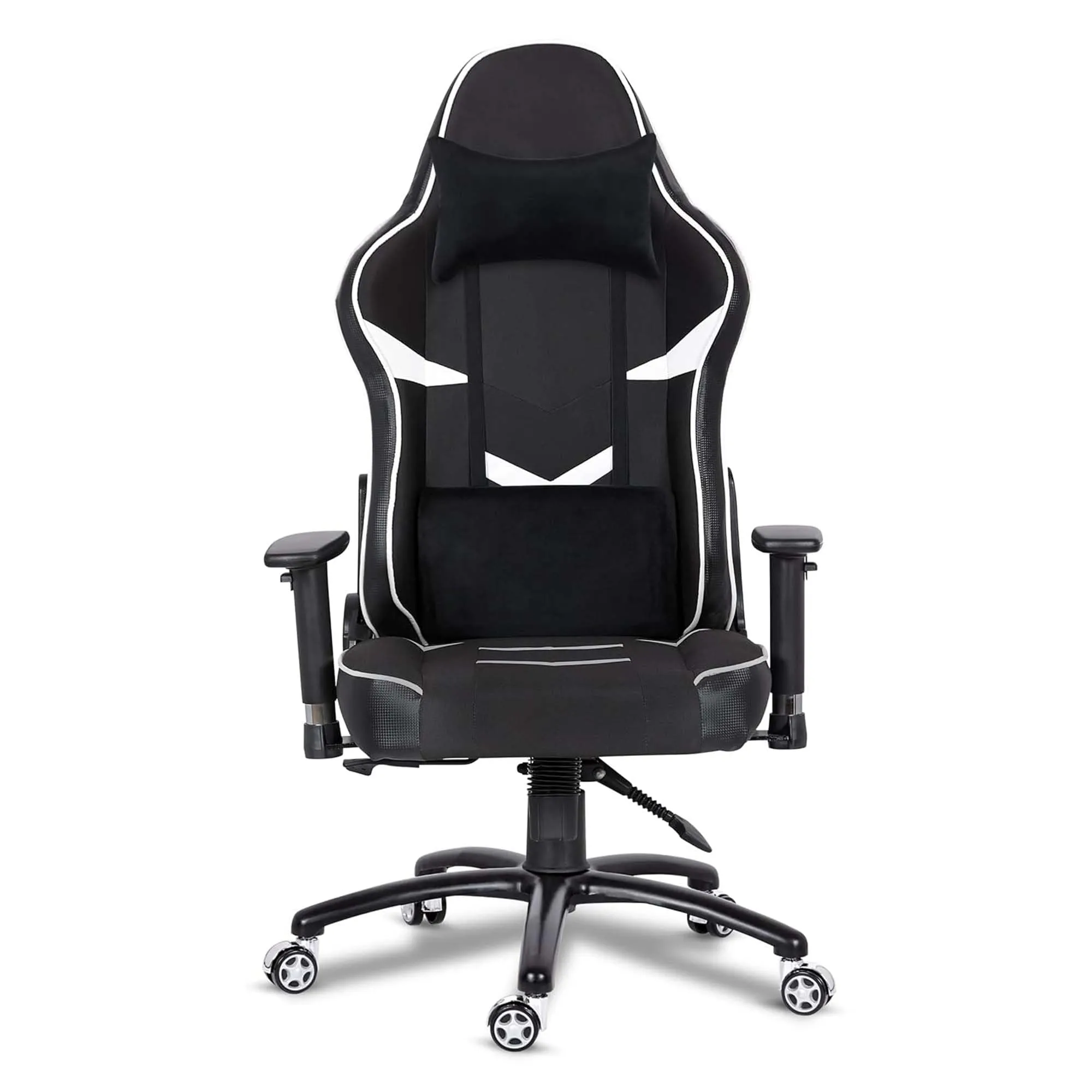 Kuber Industries Revolving Ergonomic PC Gaming Chairs with Wheels | Comes with Headrest, Lumbar Support Cushions & Footrest | Comfortable Chair for Long Sitting & Back Pain Relief | Black & White