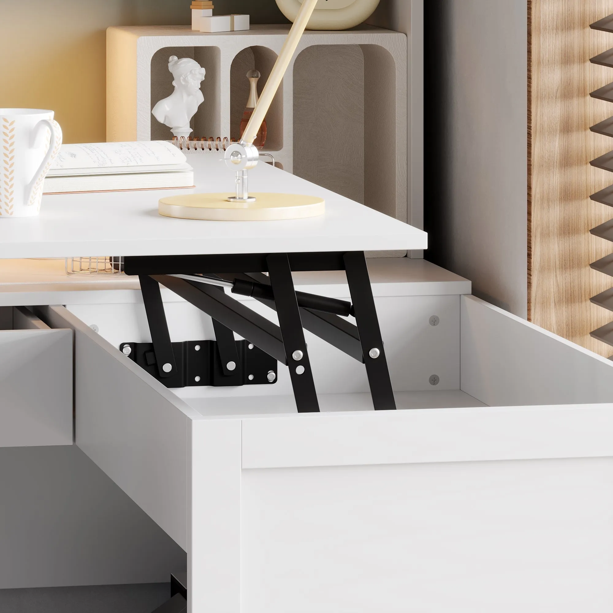 L-Shaped Computer Desk With 55.1'' W Bookcase And Elevating Table