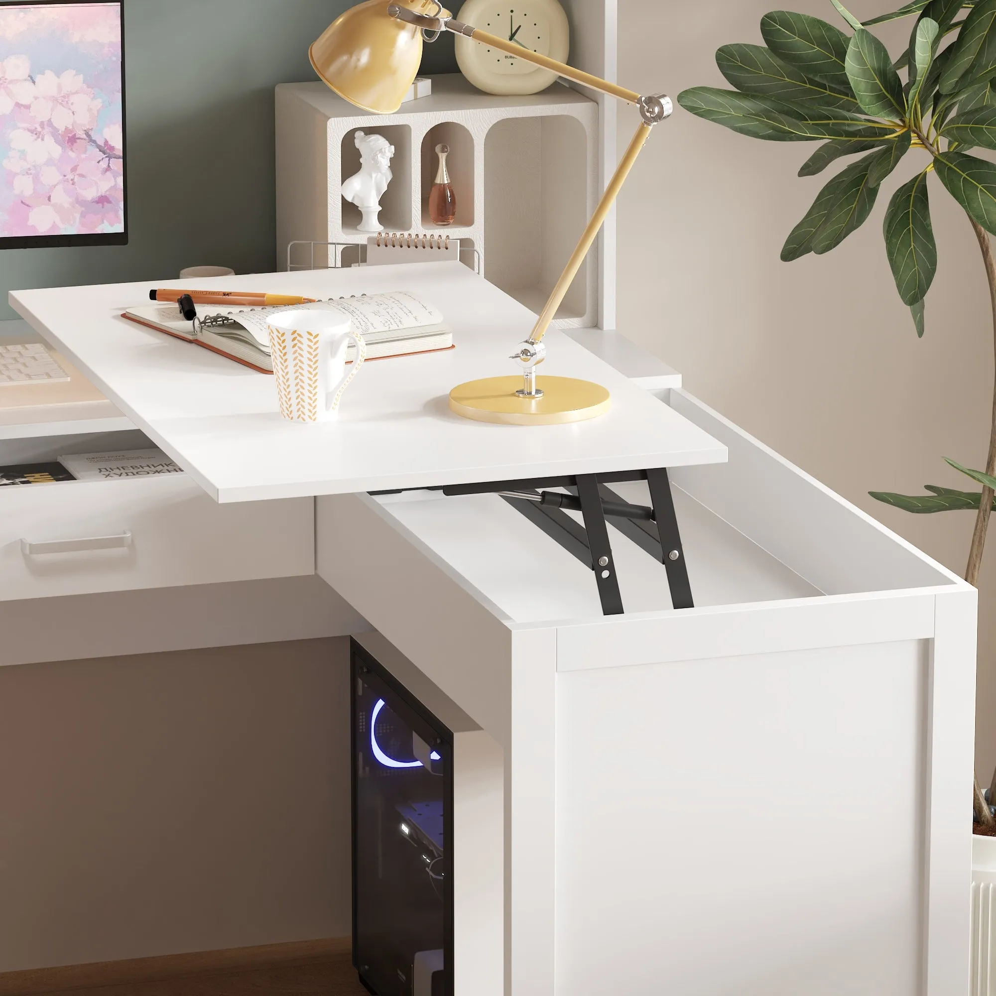 L-Shaped Computer Desk With 55.1'' W Bookcase And Elevating Table