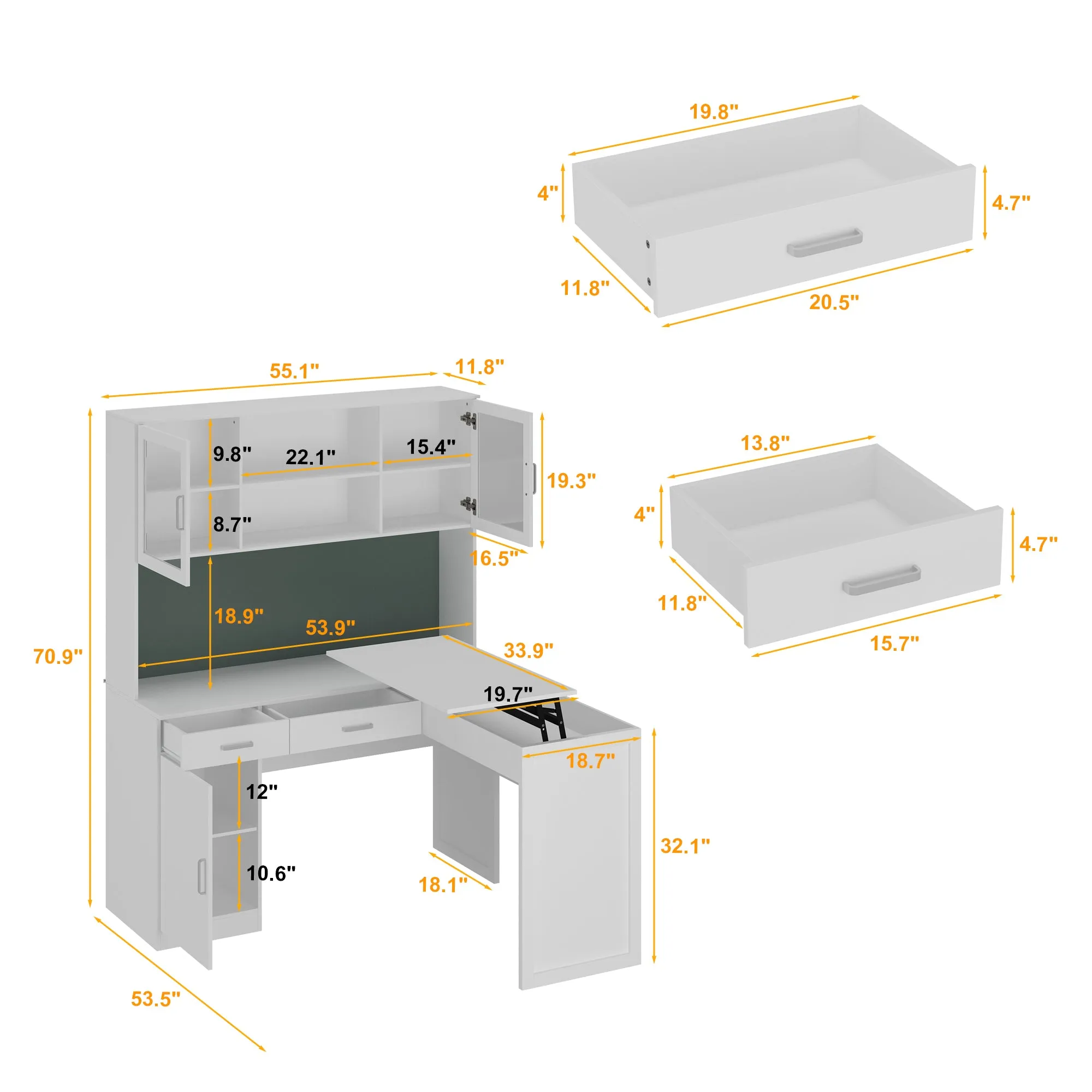 L-Shaped Computer Desk With 55.1'' W Bookcase And Elevating Table