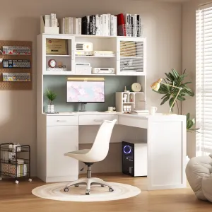 L-Shaped Computer Desk With 55.1'' W Bookcase And Elevating Table