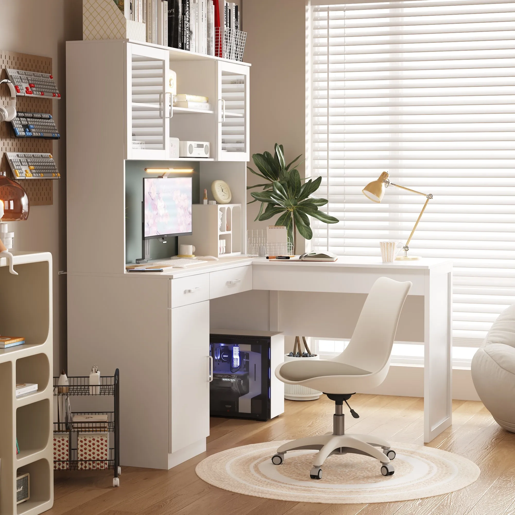 L-Shaped Computer Desk With 55.1'' W Bookcase And Elevating Table