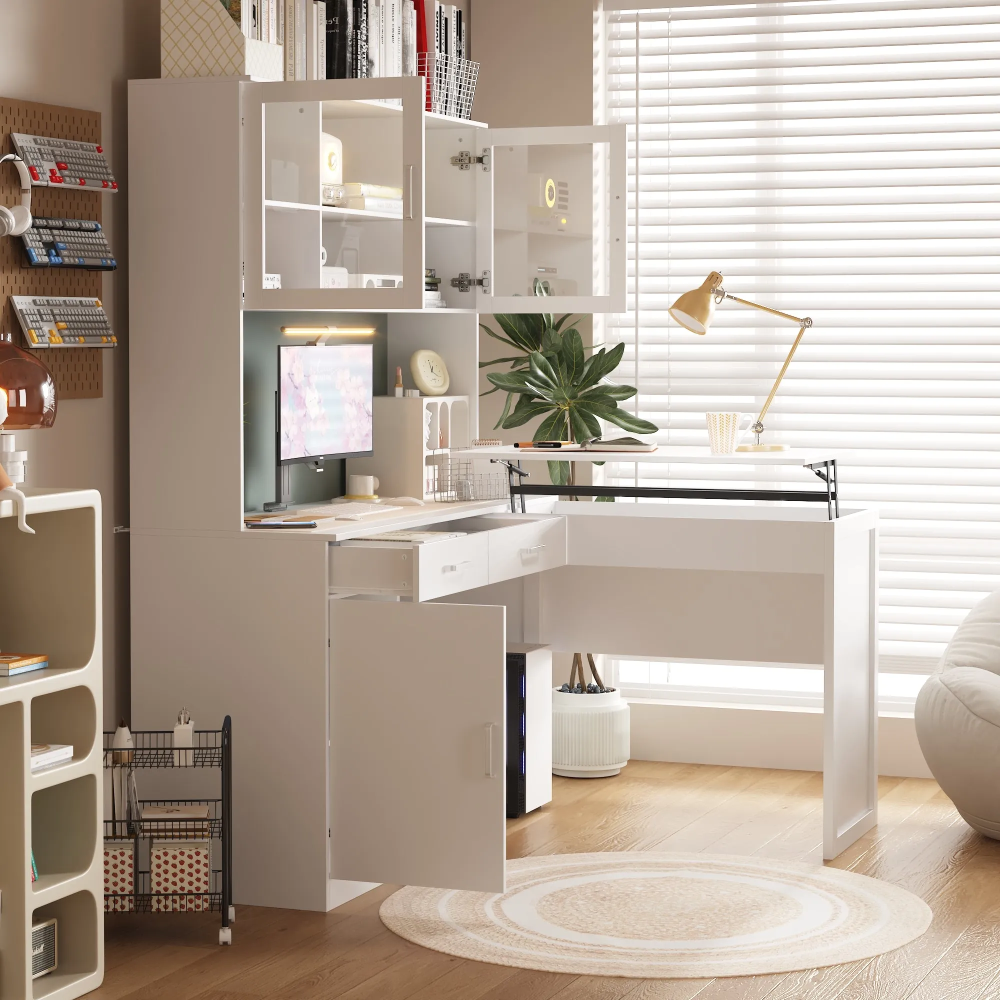 L-Shaped Computer Desk With 55.1'' W Bookcase And Elevating Table