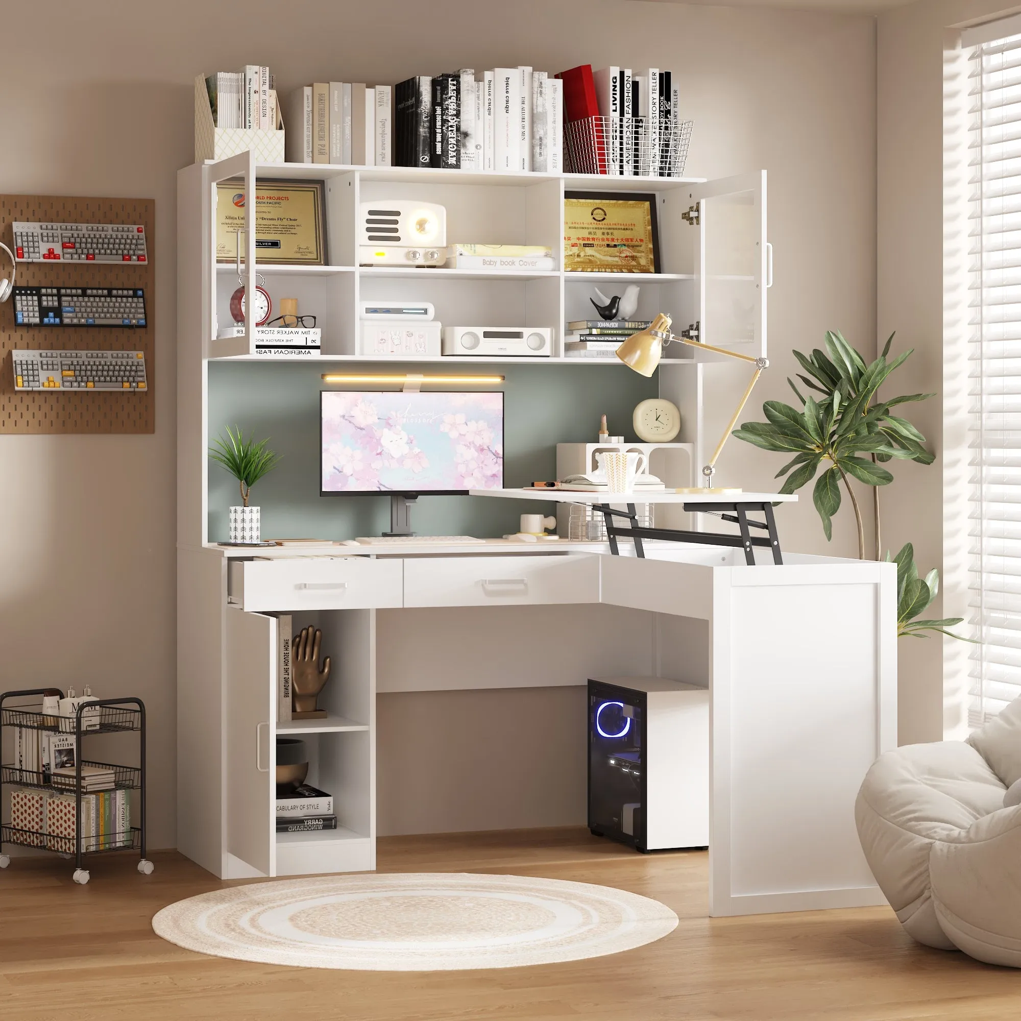 L-Shaped Computer Desk With 55.1'' W Bookcase And Elevating Table