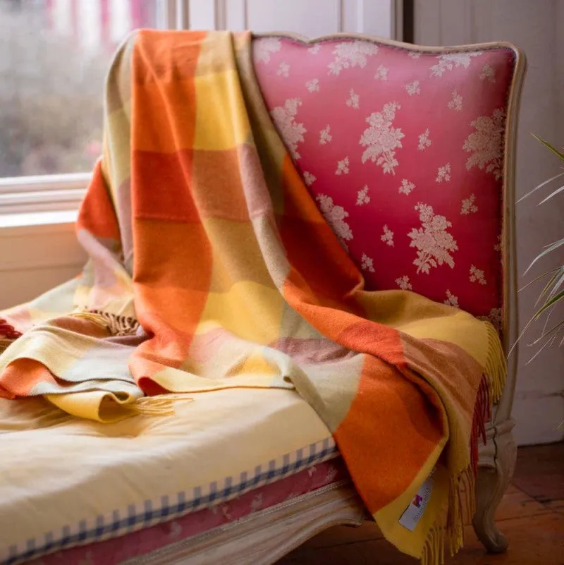 Lambswool Throw - Yellow, Orange and Mustard Block Check - John Hanly