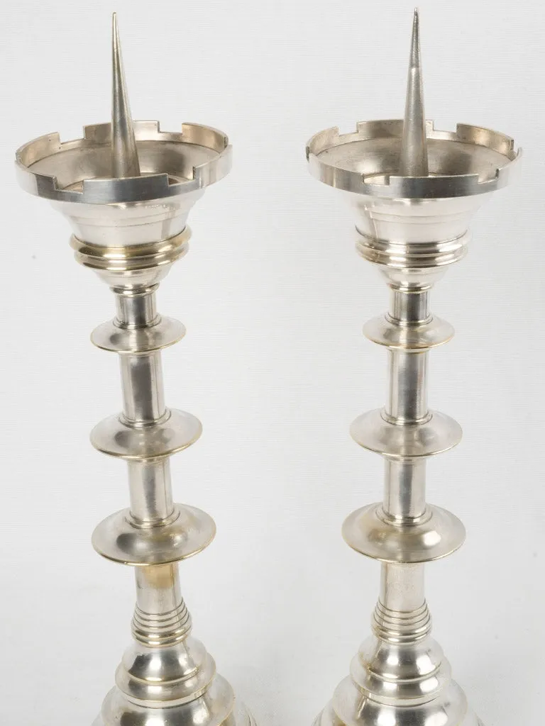 Large pair of French silver-plate "pique cierge" candlesticks 22½"