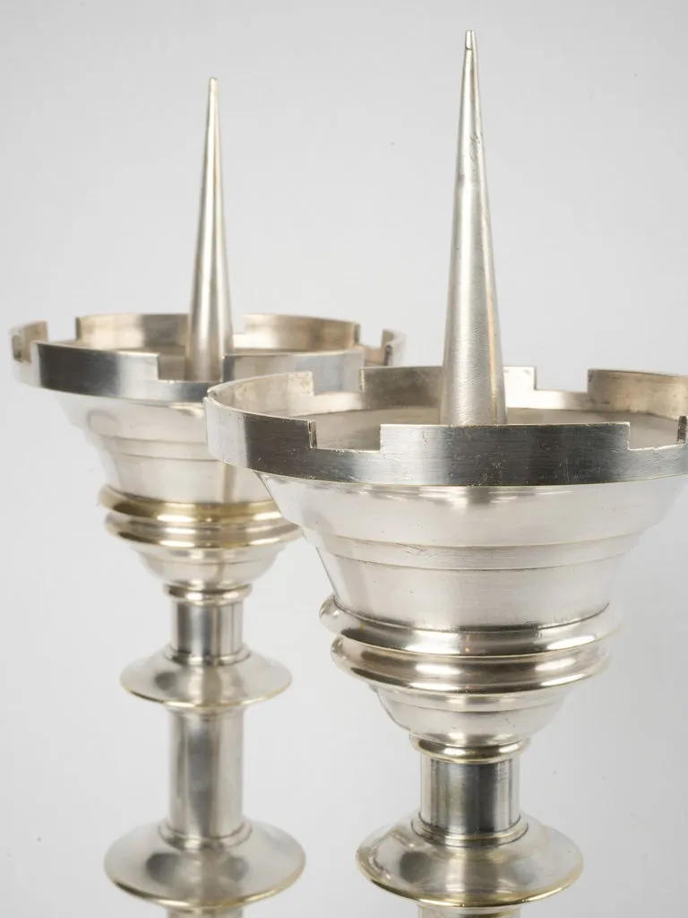 Large pair of French silver-plate "pique cierge" candlesticks 22½"