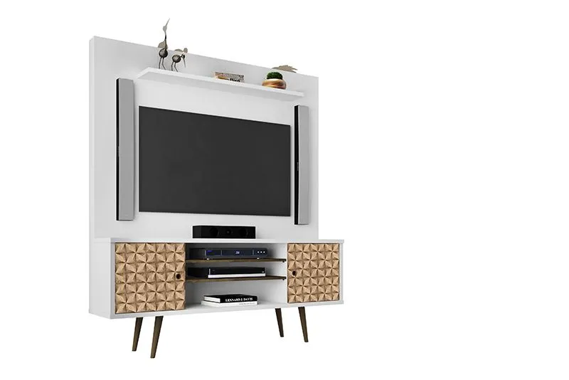 Liberty 63" Freestanding Entertainment Center with Overhead shelf in White and 3D Brown Prints