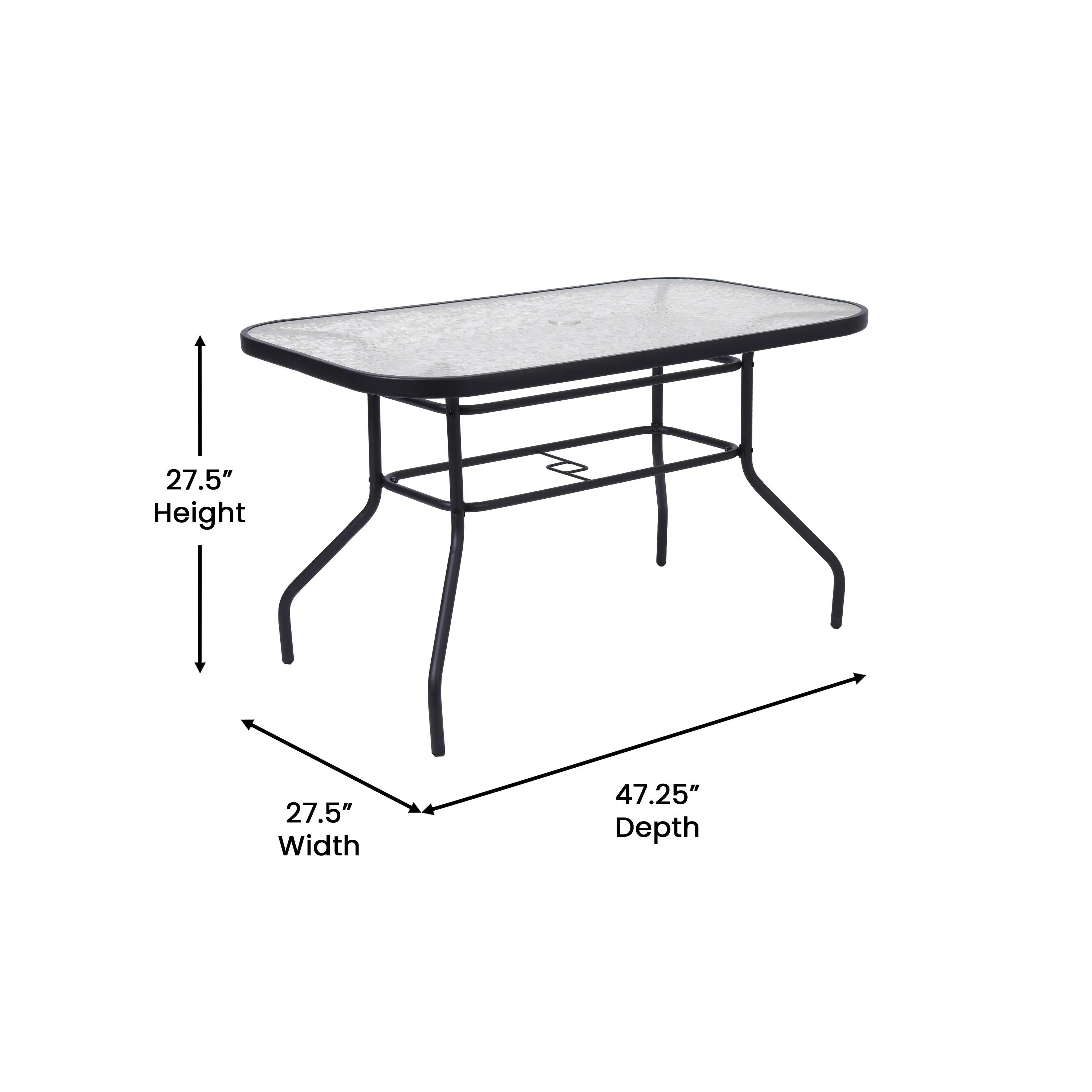 Lila 5 Piece Commercial Outdoor Patio Dining Set with Tempered Glass Patio Table with Umbrella Hole and 4 Triple Slat Chairs