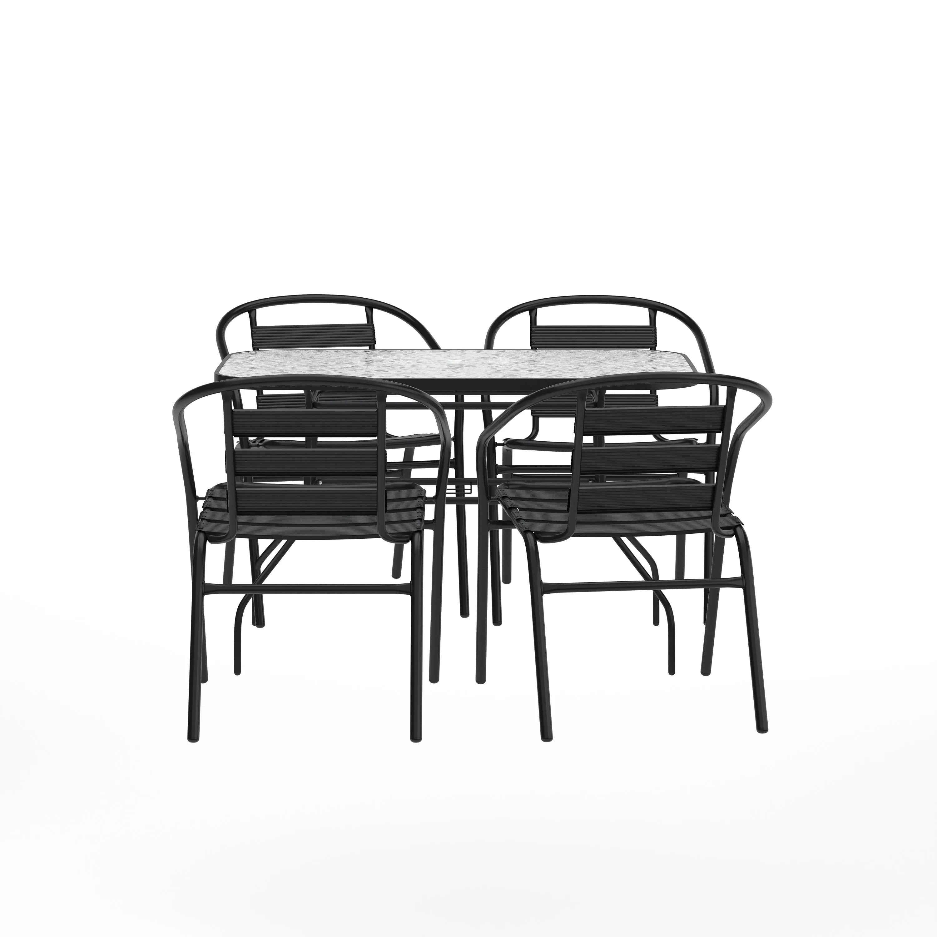 Lila 5 Piece Commercial Outdoor Patio Dining Set with Tempered Glass Patio Table with Umbrella Hole and 4 Triple Slat Chairs