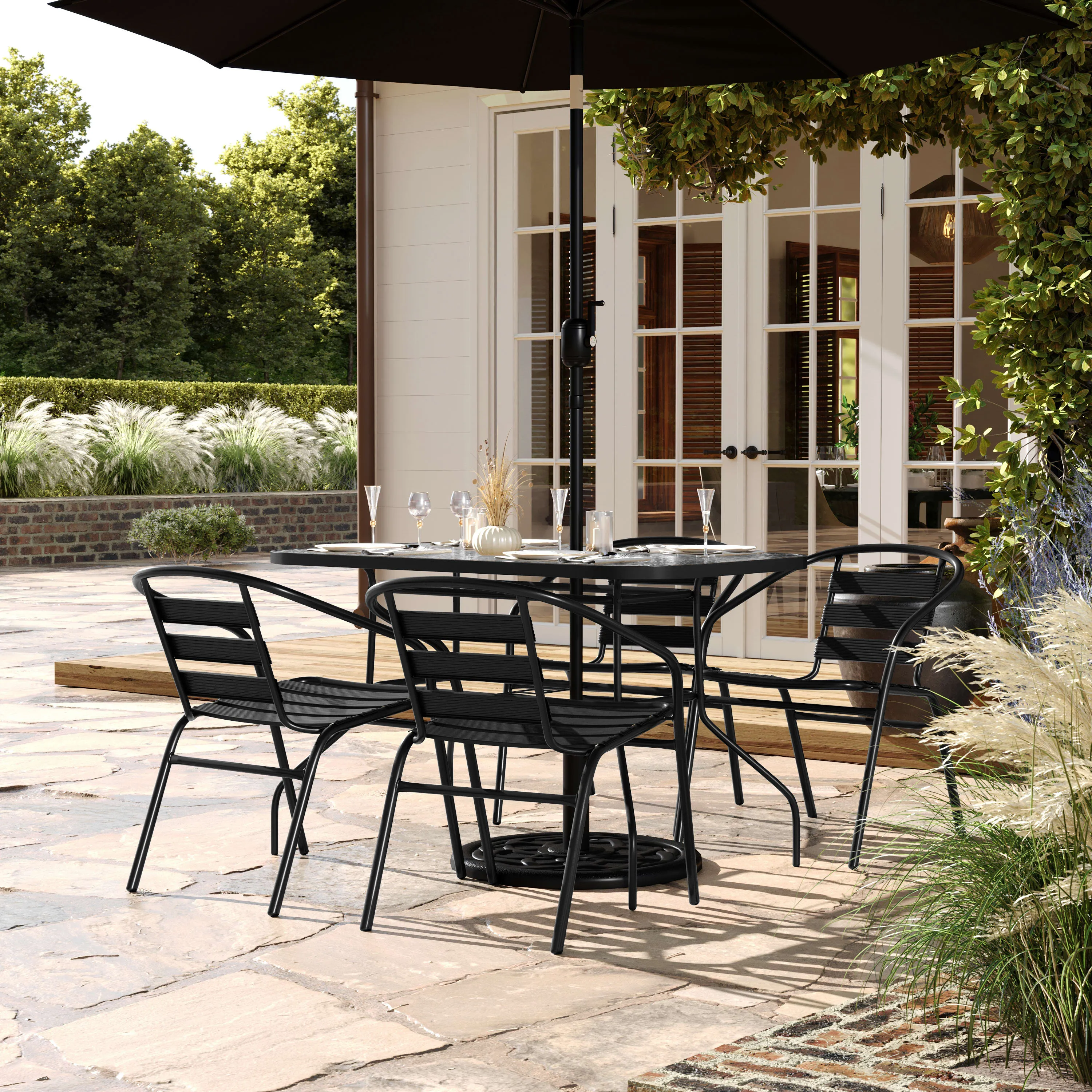 Lila 5 Piece Commercial Outdoor Patio Dining Set with Tempered Glass Patio Table with Umbrella Hole and 4 Triple Slat Chairs