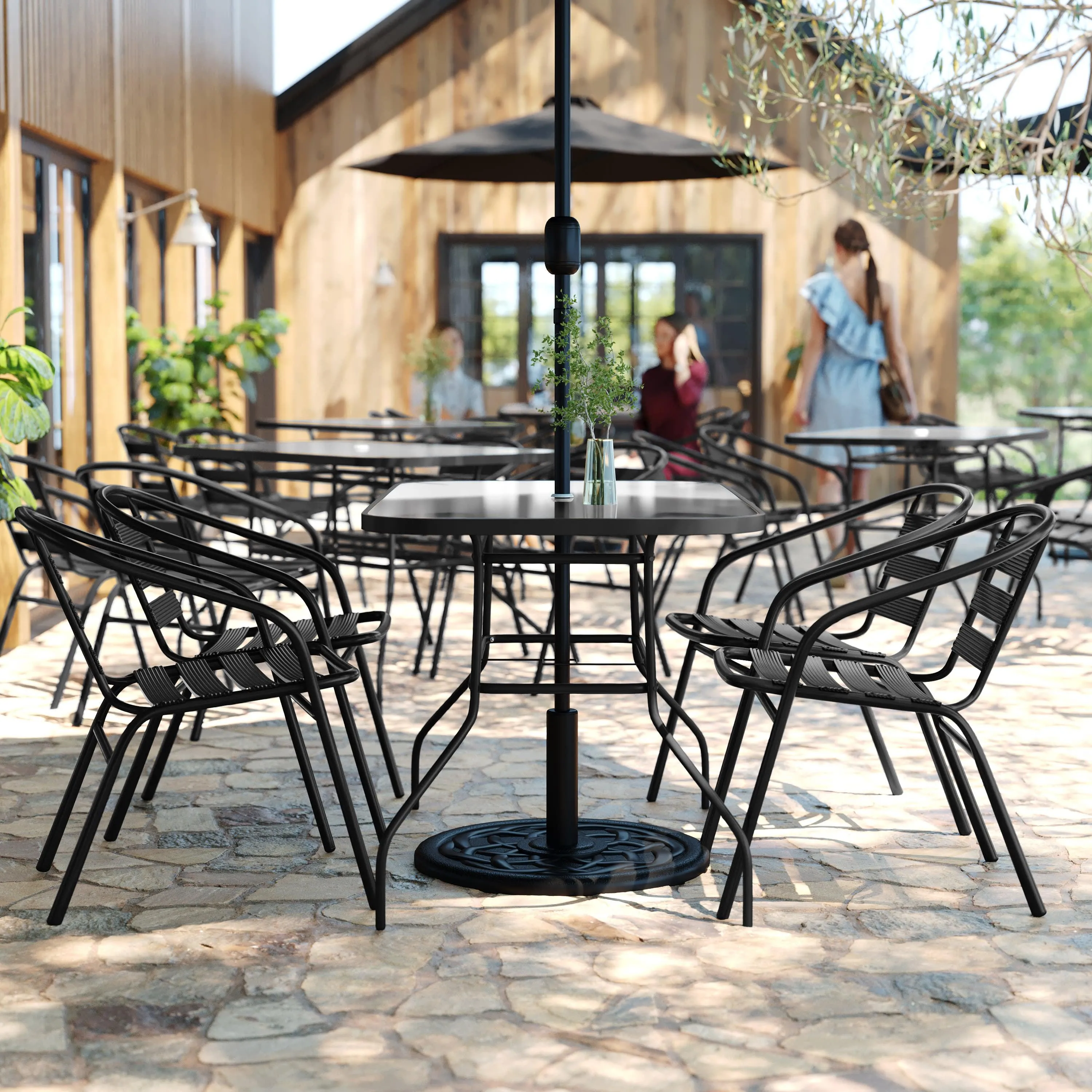 Lila 5 Piece Commercial Outdoor Patio Dining Set with Tempered Glass Patio Table with Umbrella Hole and 4 Triple Slat Chairs