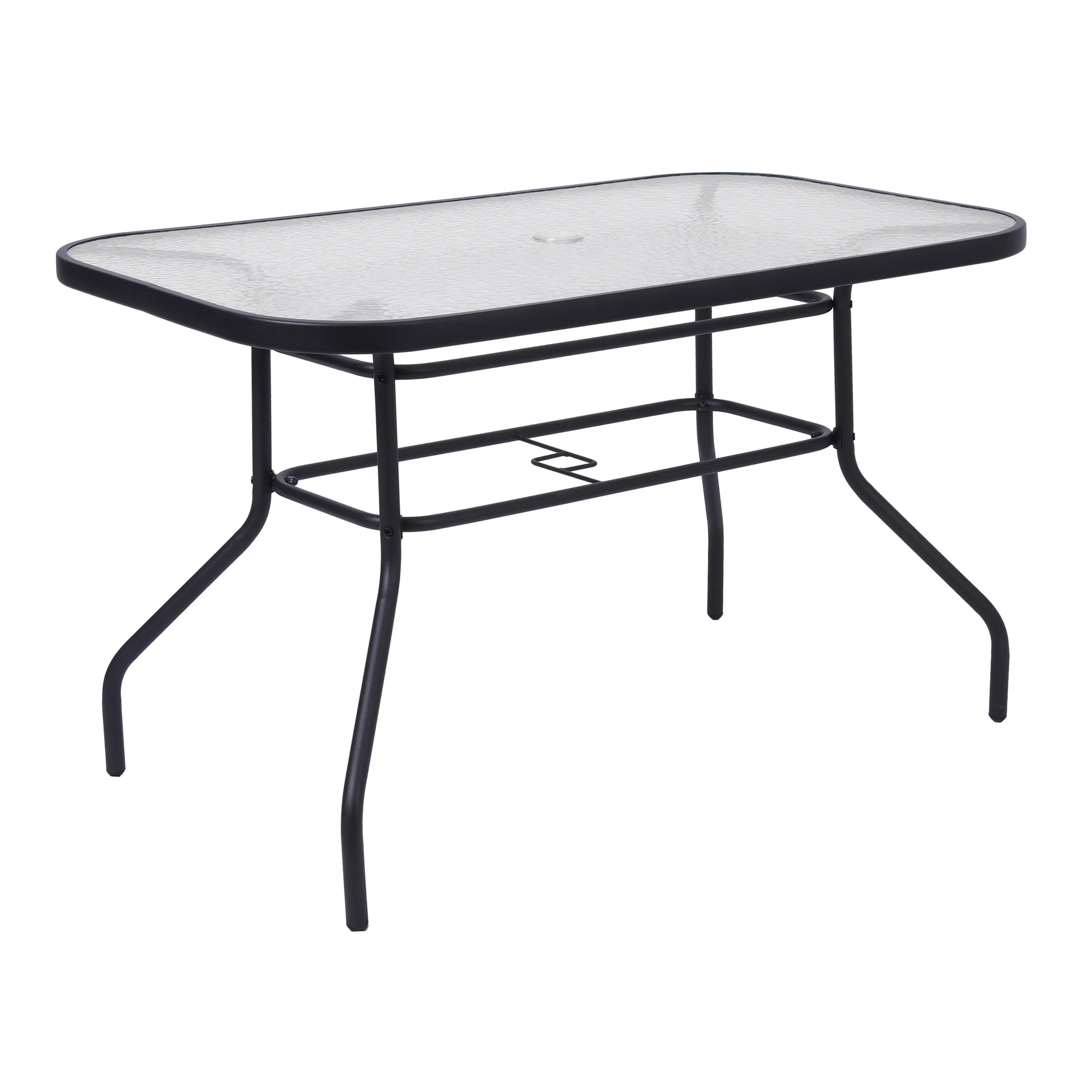 Lila 5 Piece Commercial Outdoor Patio Dining Set with Tempered Glass Patio Table with Umbrella Hole and 4 Triple Slat Chairs