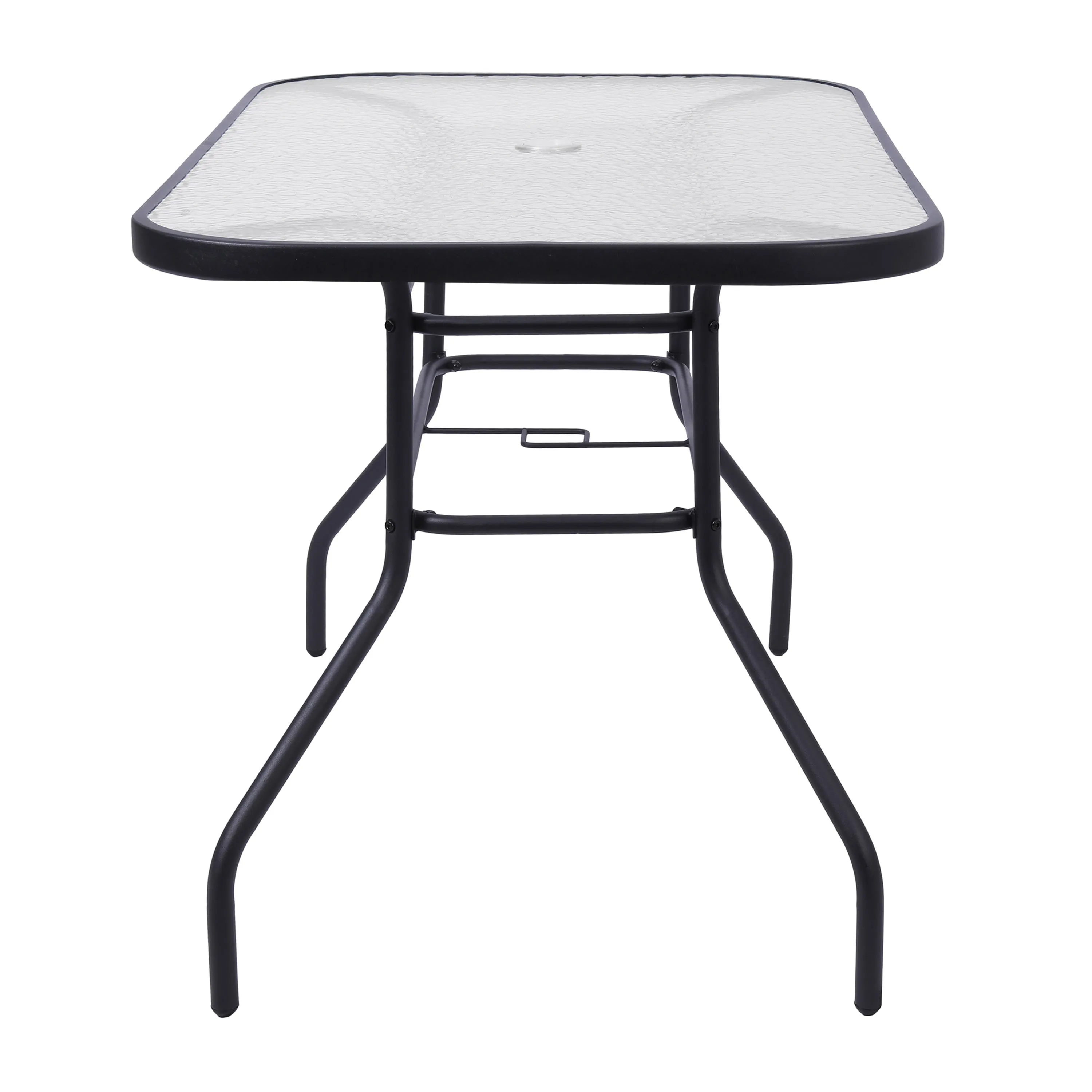 Lila 5 Piece Commercial Outdoor Patio Dining Set with Tempered Glass Patio Table with Umbrella Hole and 4 Triple Slat Chairs