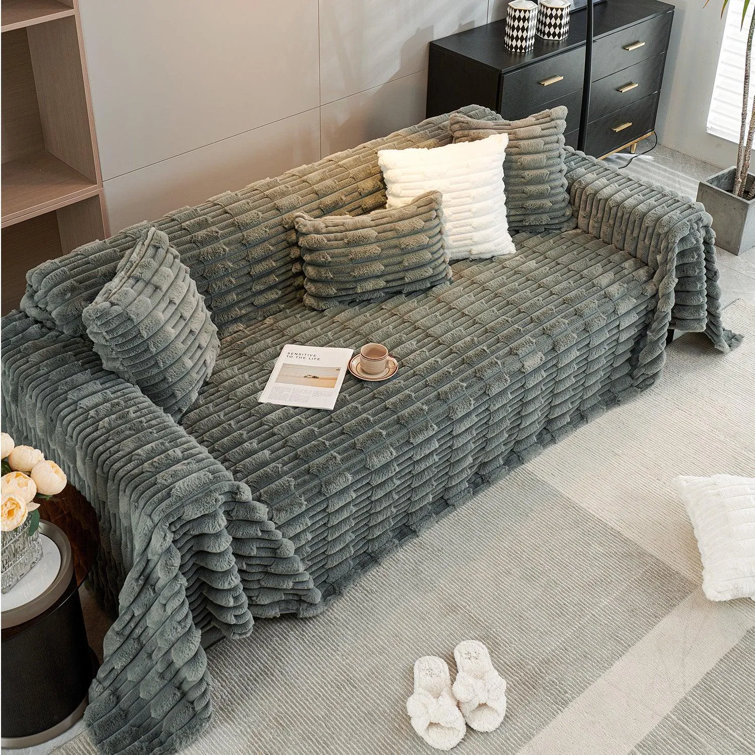 Luxury Waxy Faux Rabbit Fluffy Plush Sofa Throw, Charcoal Grey