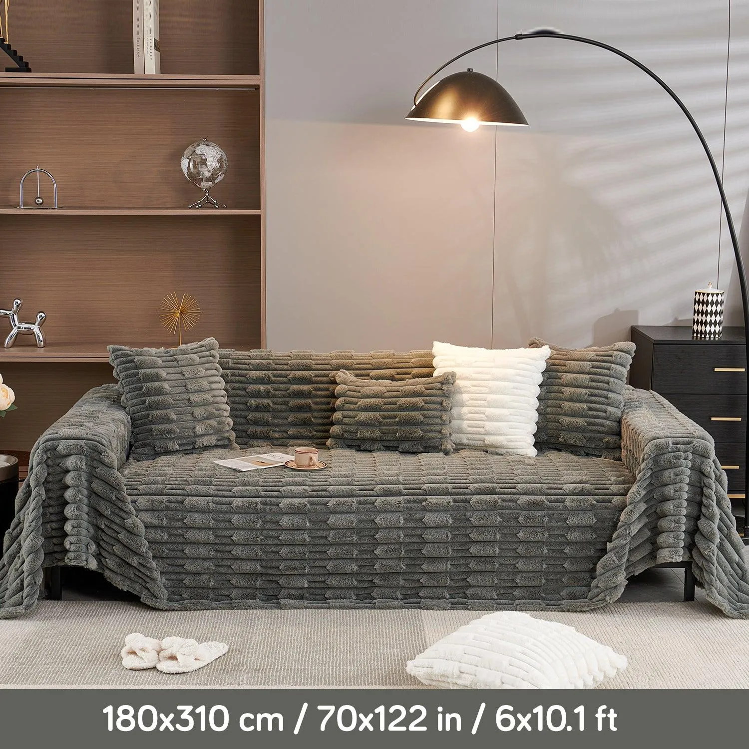 Luxury Waxy Faux Rabbit Fluffy Plush Sofa Throw, Charcoal Grey