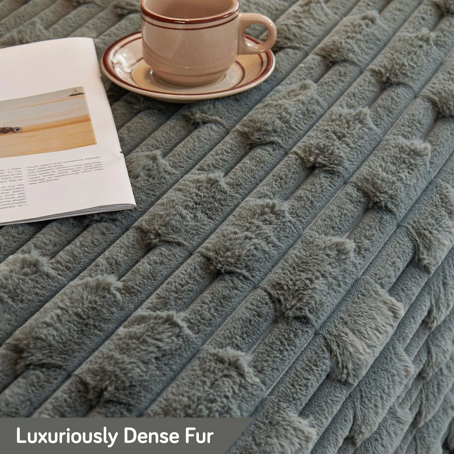 Luxury Waxy Faux Rabbit Fluffy Plush Sofa Throw, Charcoal Grey