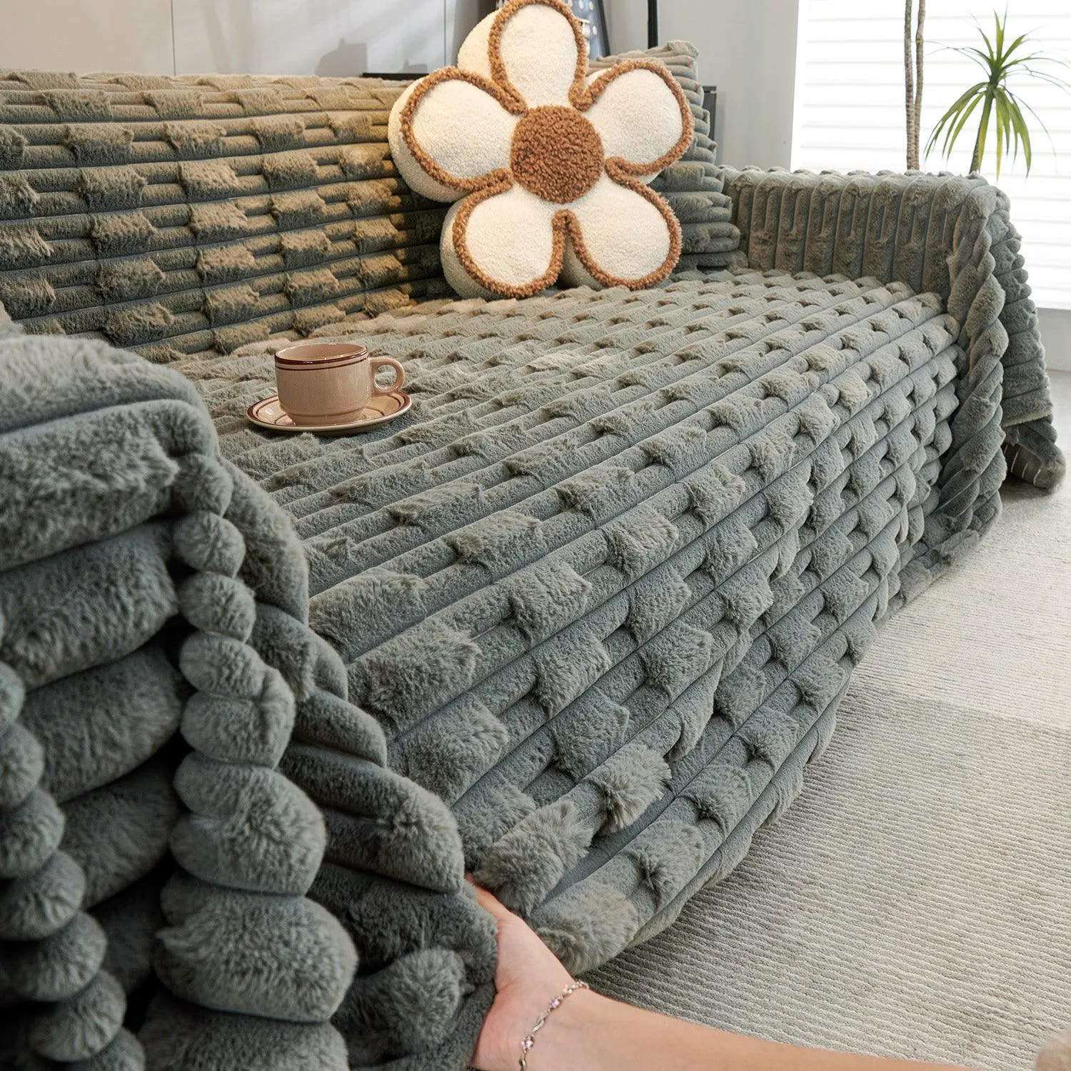 Luxury Waxy Faux Rabbit Fluffy Plush Sofa Throw, Charcoal Grey
