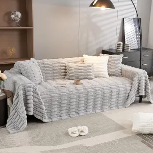 Luxury Waxy Faux Rabbit Fluffy Plush Sofa Throw, Cloud Grey