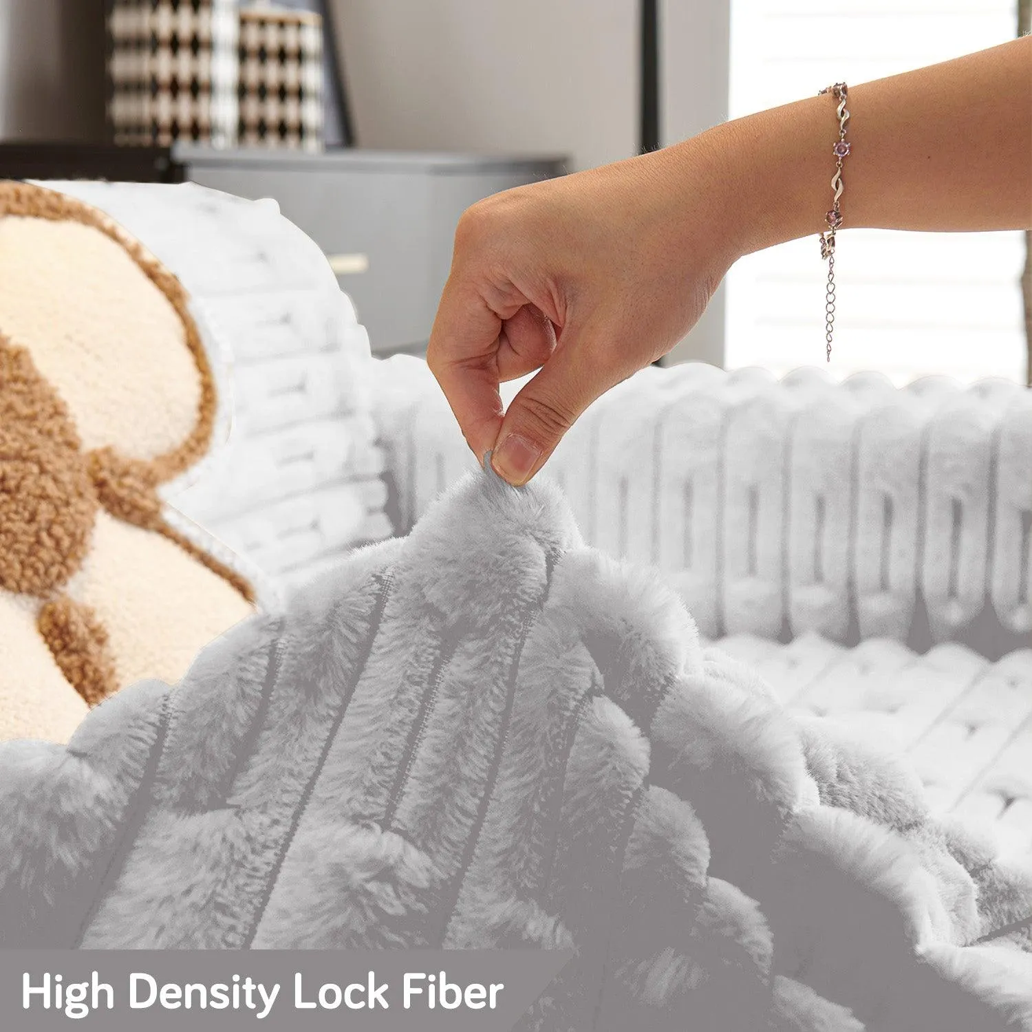 Luxury Waxy Faux Rabbit Fluffy Plush Sofa Throw, Cloud Grey