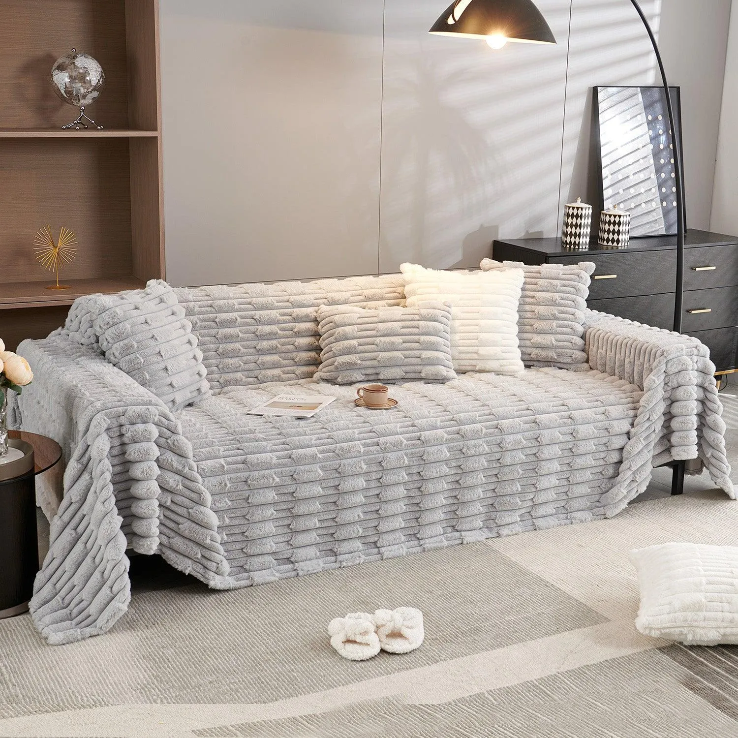 Luxury Waxy Faux Rabbit Fluffy Plush Sofa Throw, Cloud Grey