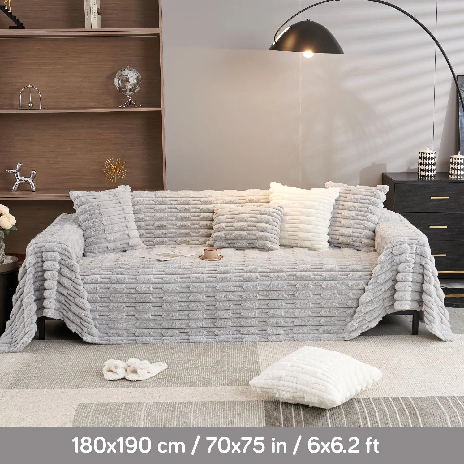 Luxury Waxy Faux Rabbit Fluffy Plush Sofa Throw, Cloud Grey