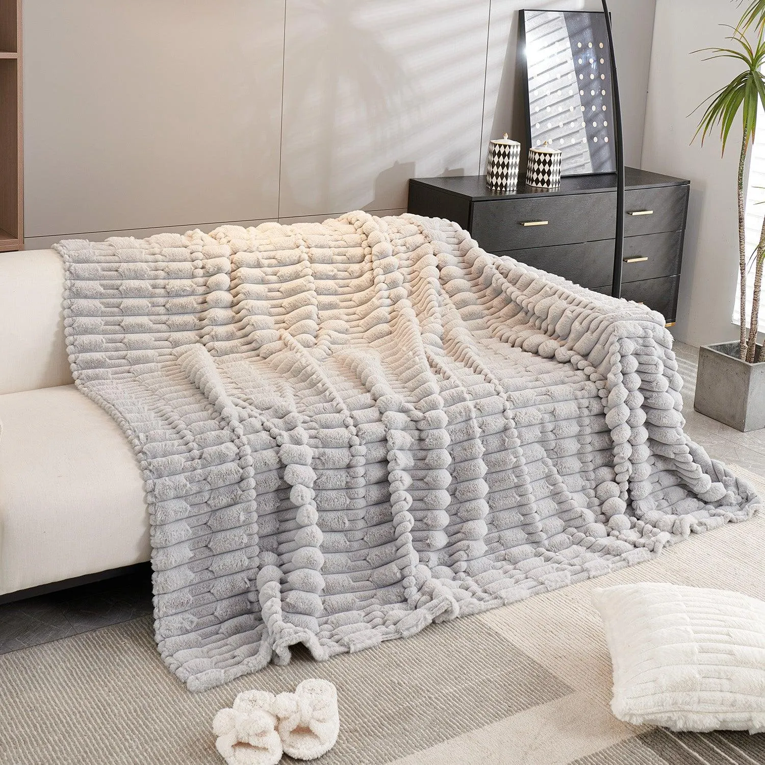 Luxury Waxy Faux Rabbit Fluffy Plush Sofa Throw, Cloud Grey