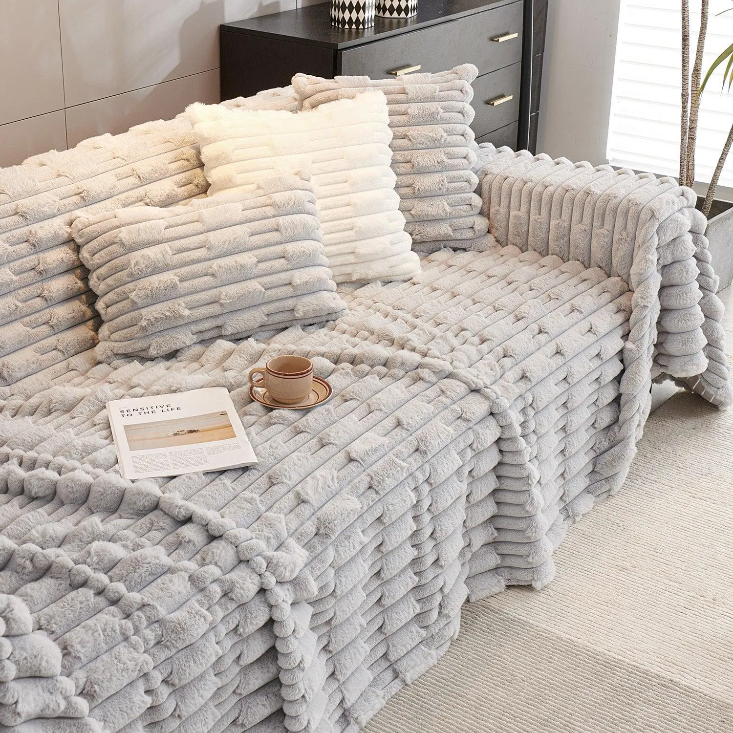 Luxury Waxy Faux Rabbit Fluffy Plush Sofa Throw, Cloud Grey