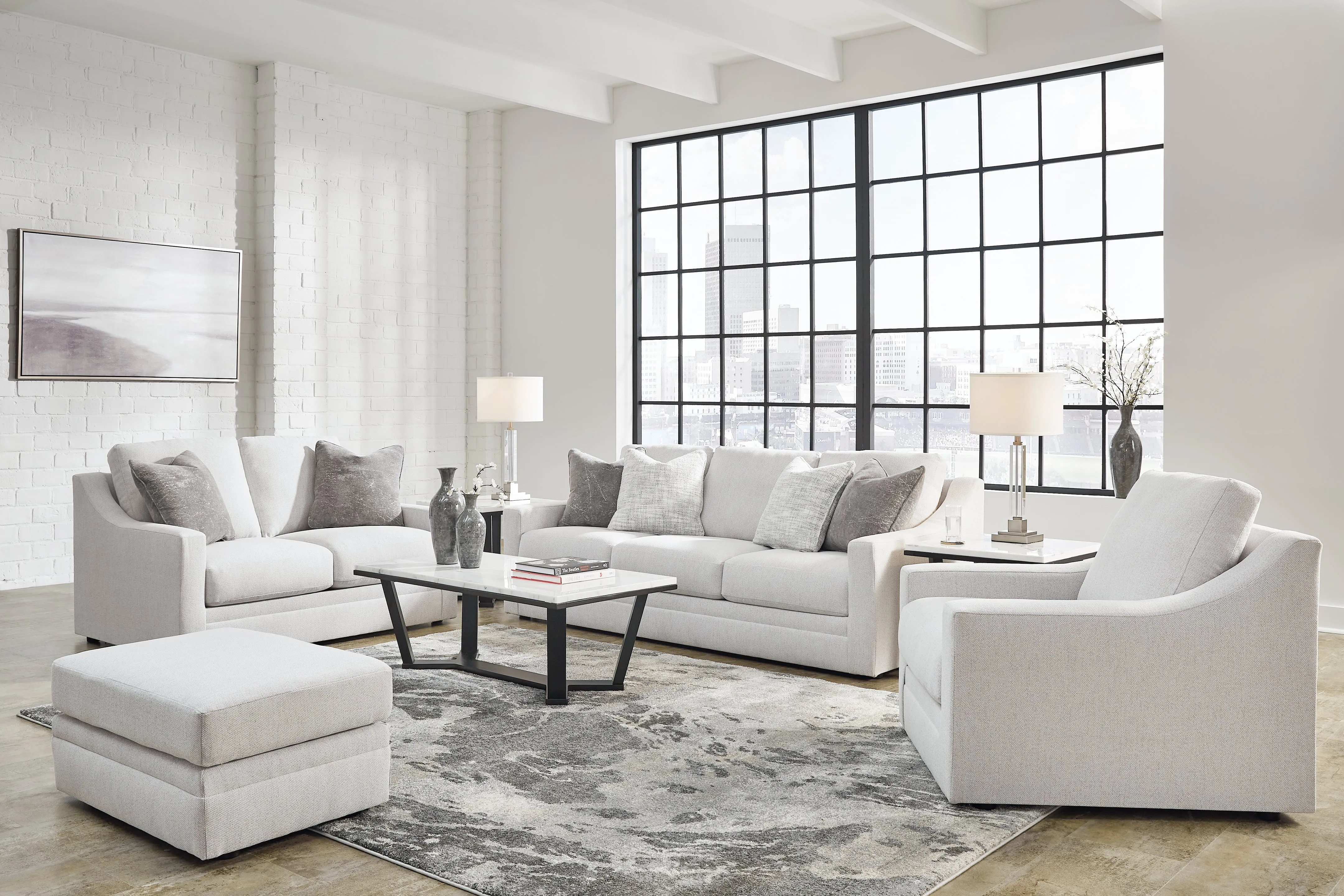 Maitelynn Sofa, Loveseat, Chair and Ottoman in Chalk