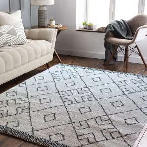 Marjan-Diamond/Rhombus Pattern Geometric Thick Soft Shaggy Rug (Cream/Grey, 160x230cm)