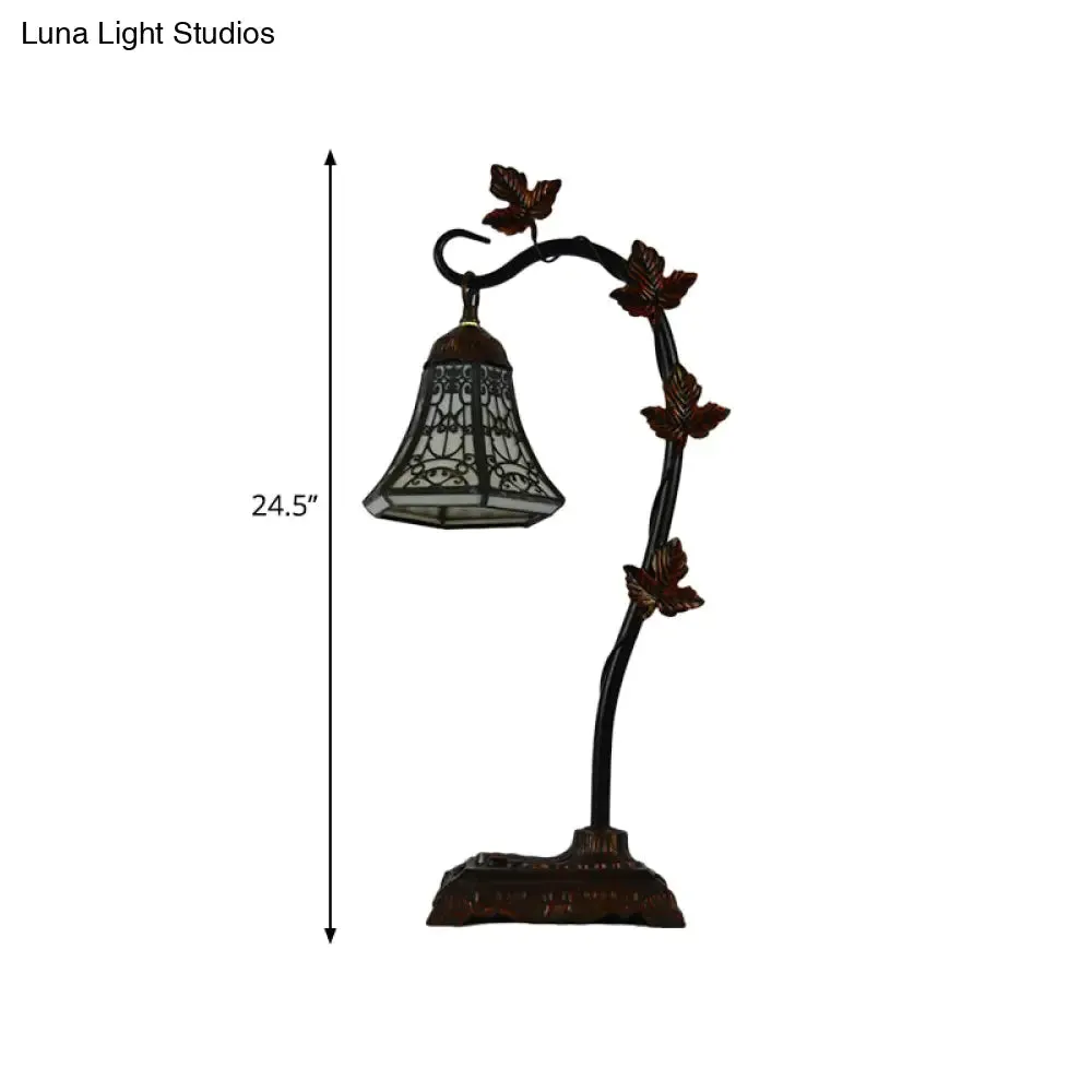 Mediterranean Rose/White Dragonfly Nightstand Lamp with Bridge Arm - Stained Glass Single Head, Brown Finish