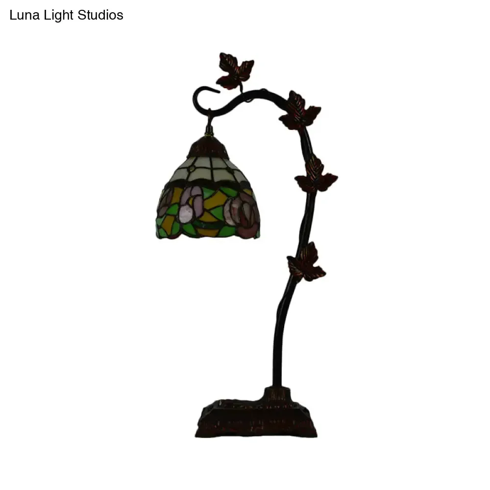 Mediterranean Rose/White Dragonfly Nightstand Lamp with Bridge Arm - Stained Glass Single Head, Brown Finish