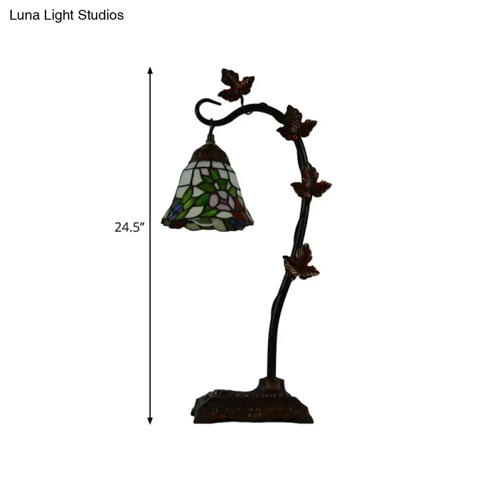 Mediterranean Rose/White Dragonfly Nightstand Lamp with Bridge Arm - Stained Glass Single Head, Brown Finish
