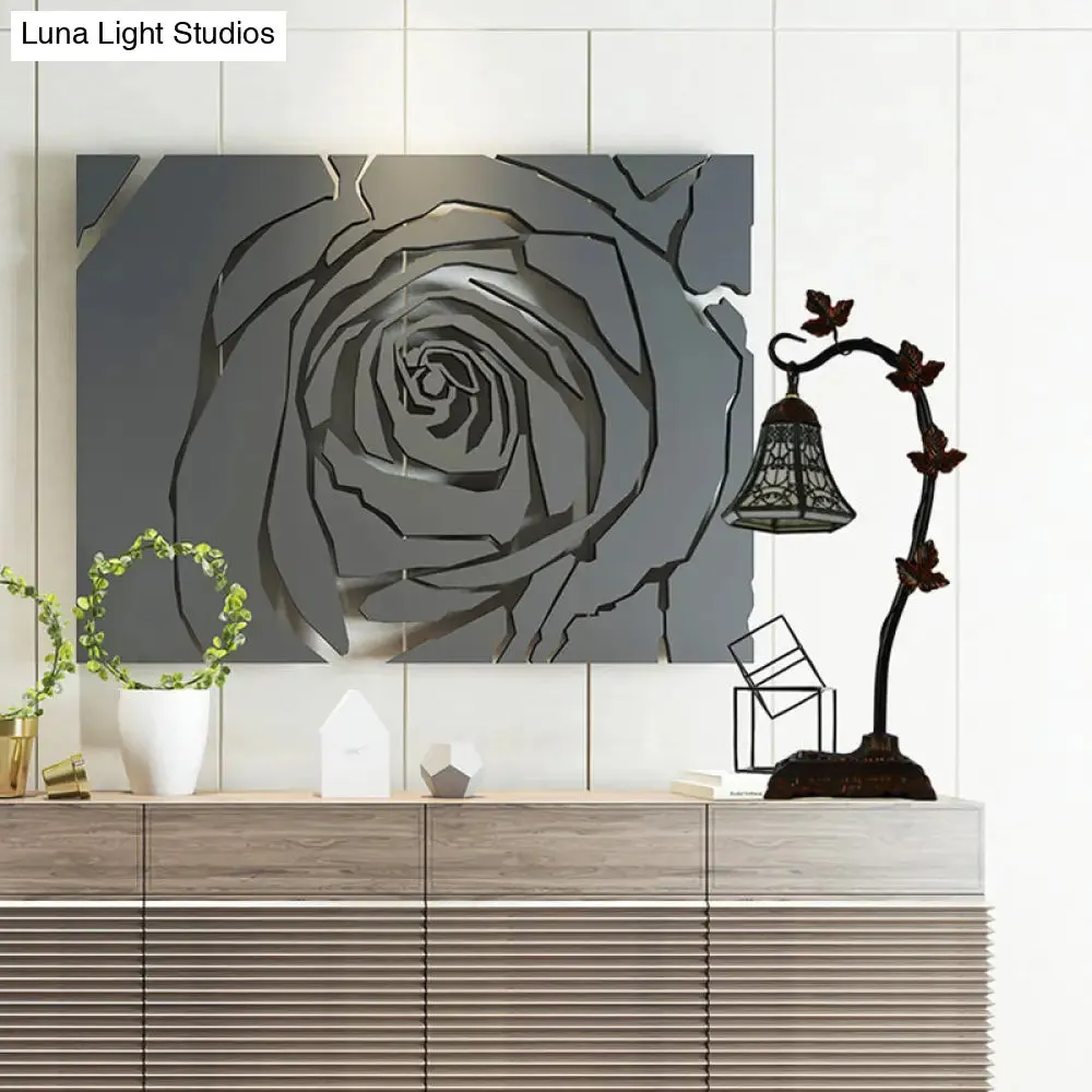 Mediterranean Rose/White Dragonfly Nightstand Lamp with Bridge Arm - Stained Glass Single Head, Brown Finish