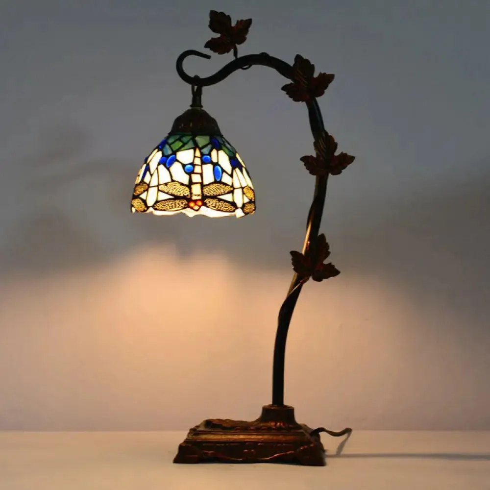 Mediterranean Rose/White Dragonfly Nightstand Lamp with Bridge Arm - Stained Glass Single Head, Brown Finish