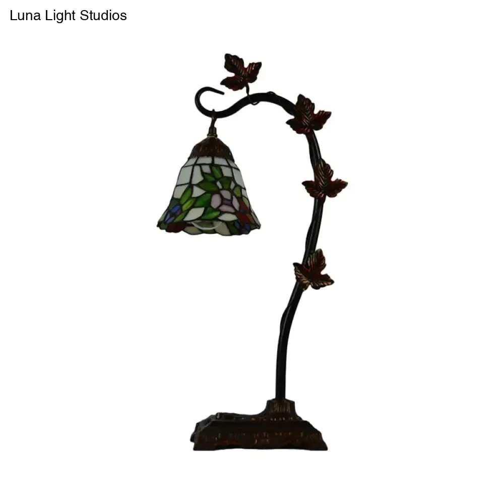 Mediterranean Rose/White Dragonfly Nightstand Lamp with Bridge Arm - Stained Glass Single Head, Brown Finish