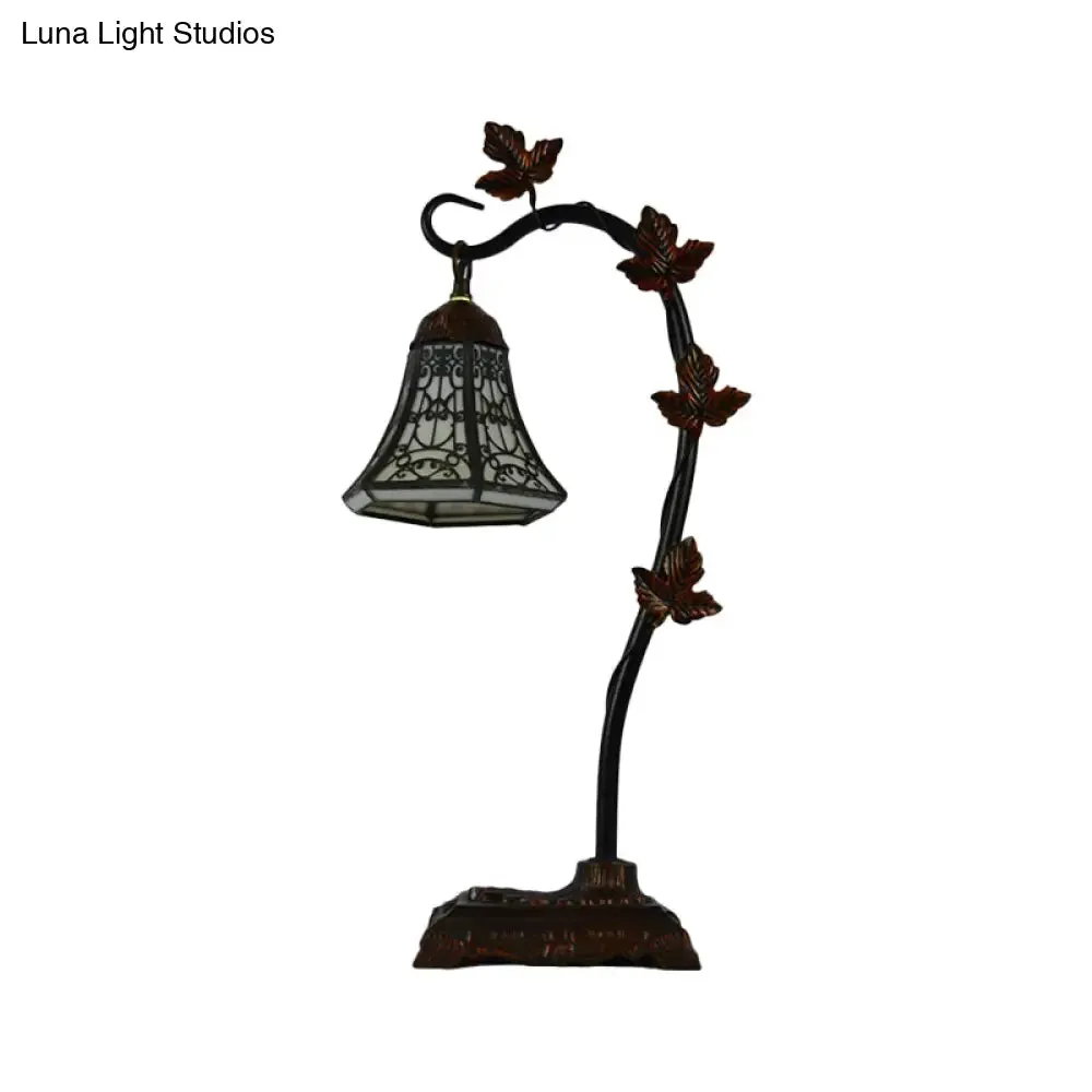 Mediterranean Rose/White Dragonfly Nightstand Lamp with Bridge Arm - Stained Glass Single Head, Brown Finish