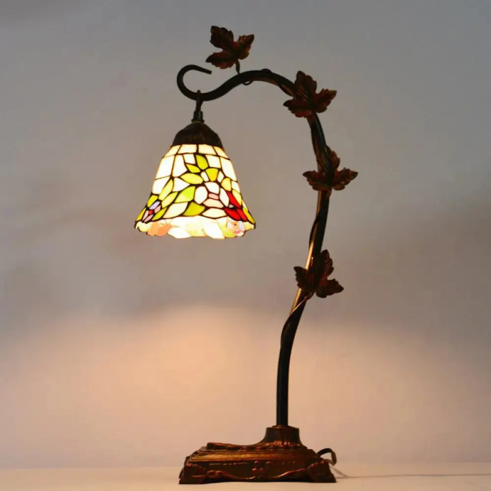 Mediterranean Rose/White Dragonfly Nightstand Lamp with Bridge Arm - Stained Glass Single Head, Brown Finish
