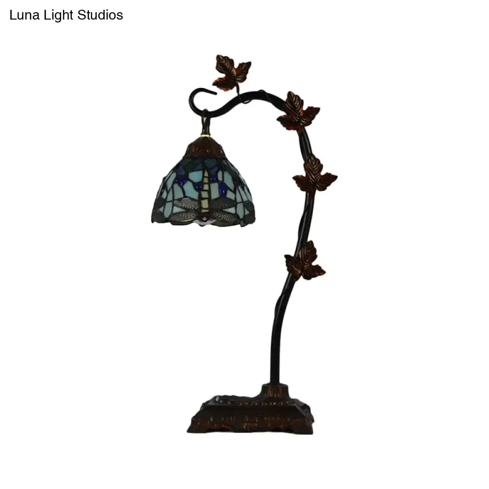Mediterranean Rose/White Dragonfly Nightstand Lamp with Bridge Arm - Stained Glass Single Head, Brown Finish