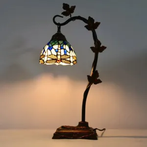 Mediterranean Rose/White Dragonfly Nightstand Lamp with Bridge Arm - Stained Glass Single Head, Brown Finish