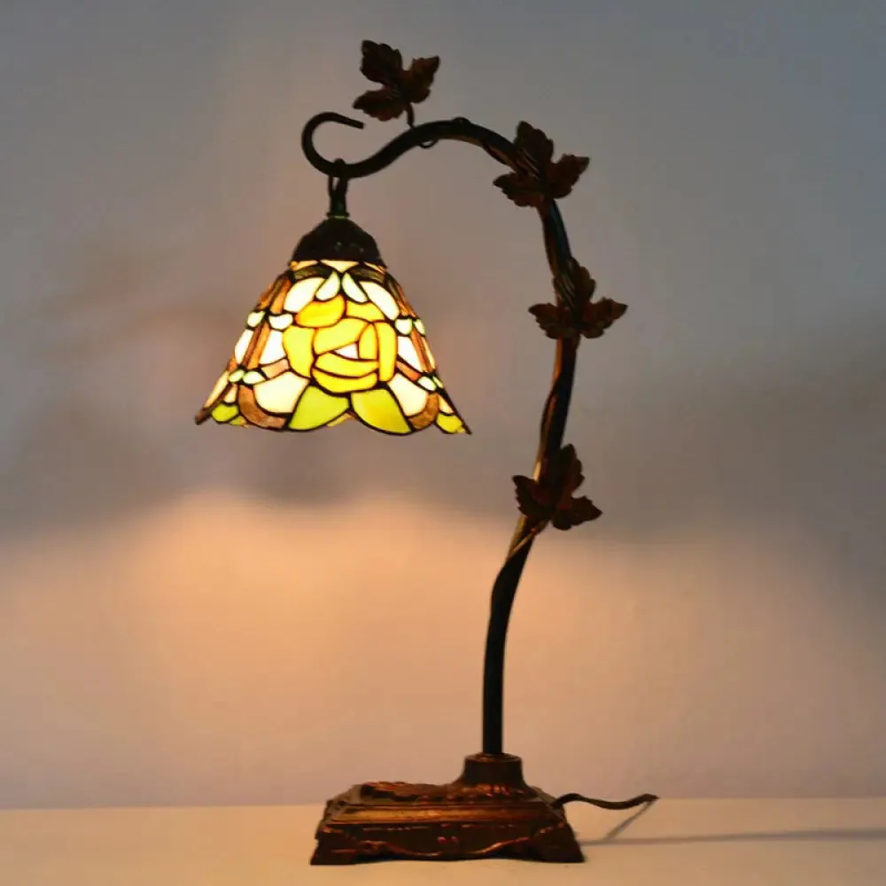 Mediterranean Rose/White Dragonfly Nightstand Lamp with Bridge Arm - Stained Glass Single Head, Brown Finish