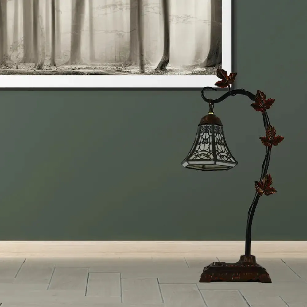Mediterranean Rose/White Dragonfly Nightstand Lamp with Bridge Arm - Stained Glass Single Head, Brown Finish