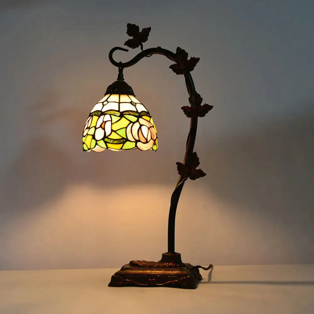 Mediterranean Rose/White Dragonfly Nightstand Lamp with Bridge Arm - Stained Glass Single Head, Brown Finish