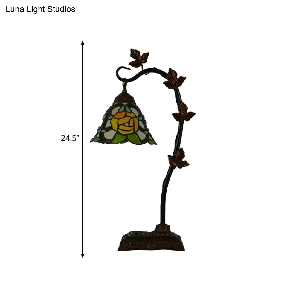 Mediterranean Rose/White Dragonfly Nightstand Lamp with Bridge Arm - Stained Glass Single Head, Brown Finish