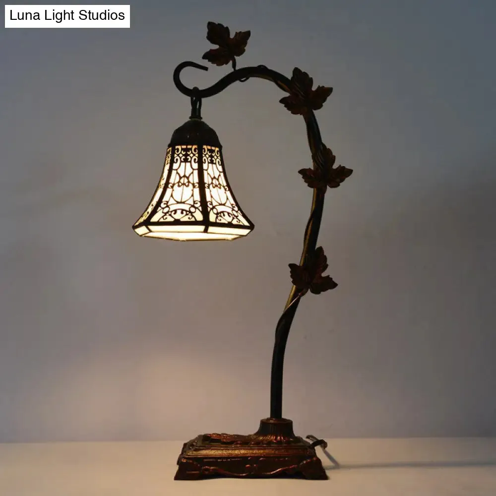 Mediterranean Rose/White Dragonfly Nightstand Lamp with Bridge Arm - Stained Glass Single Head, Brown Finish