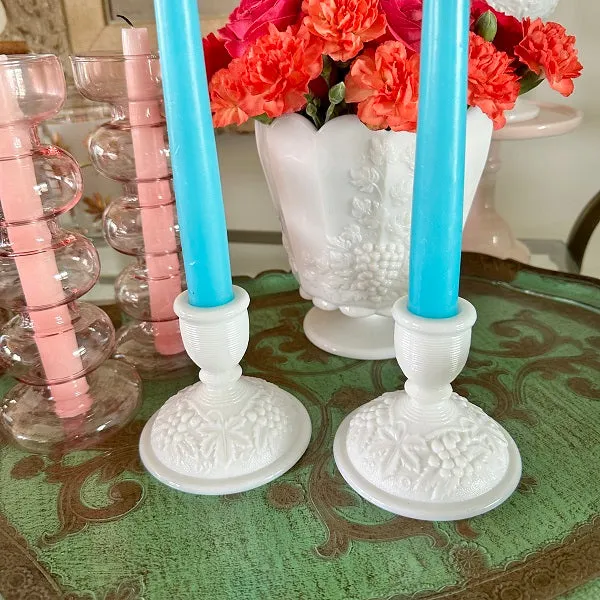 Milk Glass Candle Holders, Grapevine Pattern, Pair